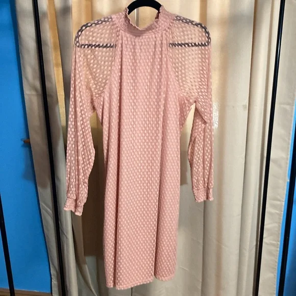 Nina Leonard Pink Sheer Mock Neck Dress Large Wedding Guest - Picture 7 of 8